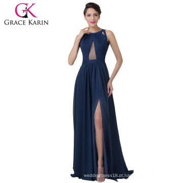 Grace Karin Navy Blue Chiffon Long Split Leg Backless Prom Dress CL6281